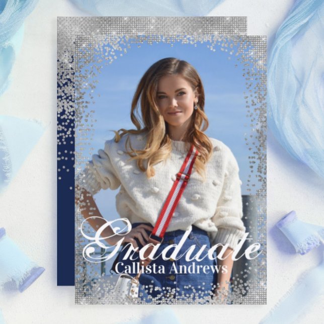 Invitación Purpurina de plata de la Marina de moda Graduación (Subido por el creador)