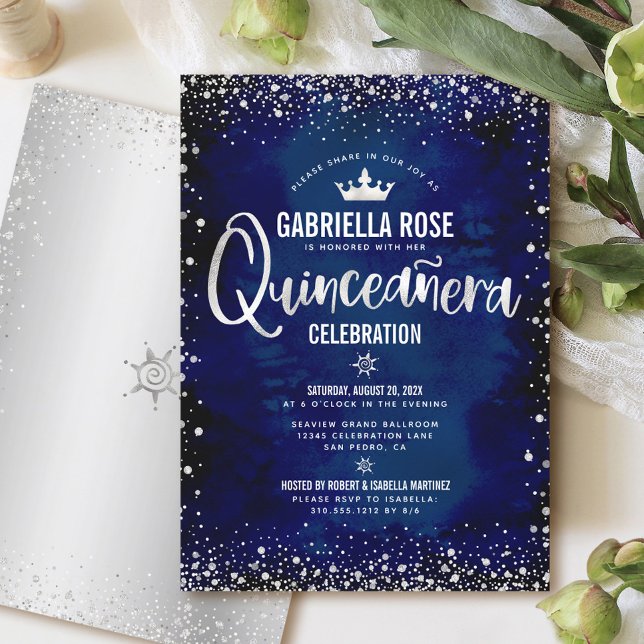 Invitación Purpurina de plata de la Marina Quinceañera (Subido por el creador)