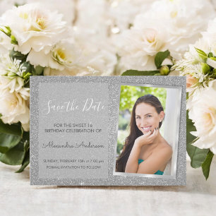 Invitación Purpurina de plata de lujo dulce 16 Salven la fech