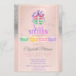 Invitación Purpurina de plata de Macarons Bokeh Sweet 16 Fies