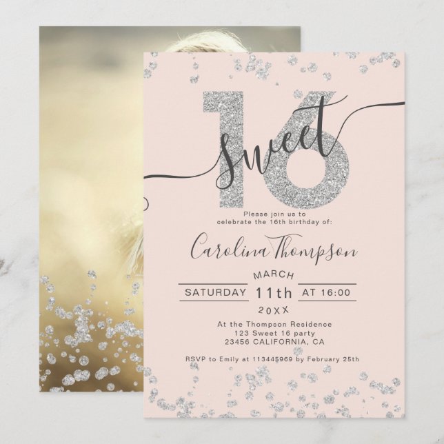 Invitación purpurina de plata de moda confetti blush Sweet 16 (Anverso / Reverso)