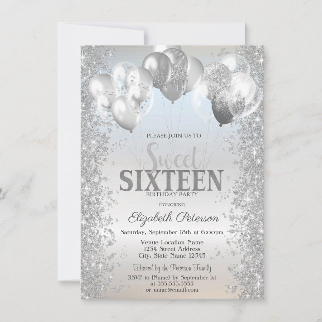 Invitación Purpurina de plata de moda Confetti Globos Dulce 1 (Anverso)