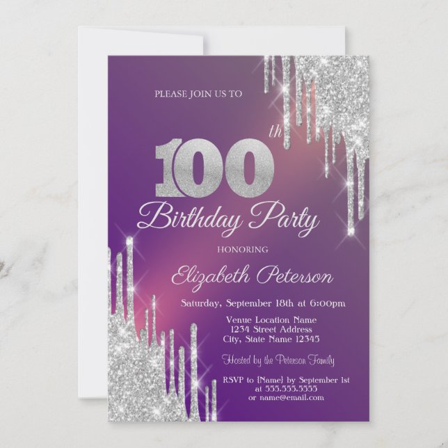 Invitación Purpurina de plata de moda gotea morado 100 cumple (Anverso)