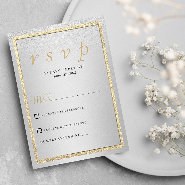Invitación Purpurina de plata de oro elegante de lujo RSVP (Luxury elegant gold silver glitter RSVP )