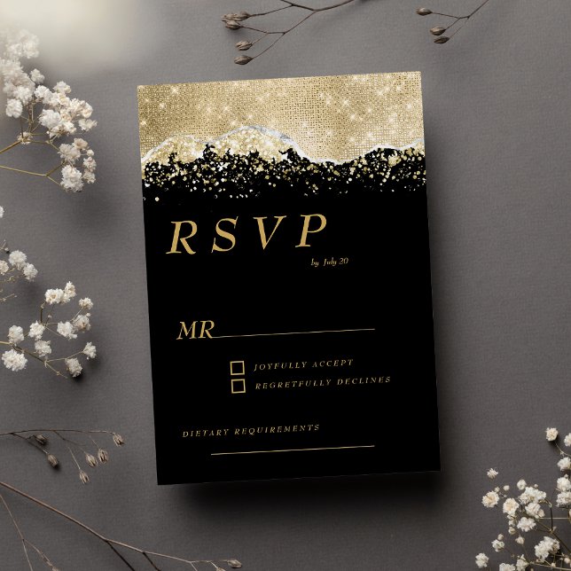 Invitación Purpurina de plata de oro negro de lujo confetti R (Luxury black gold silver glitter confetti RSVP )