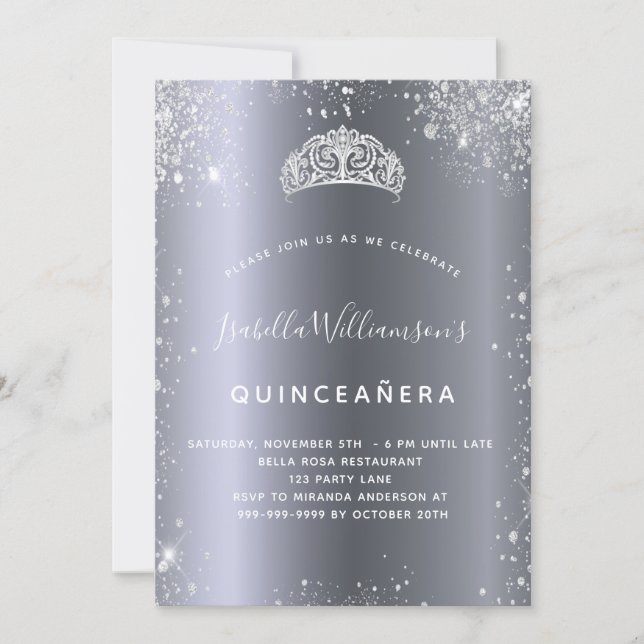 Invitación Purpurina de plata de Quinceanera (Anverso)