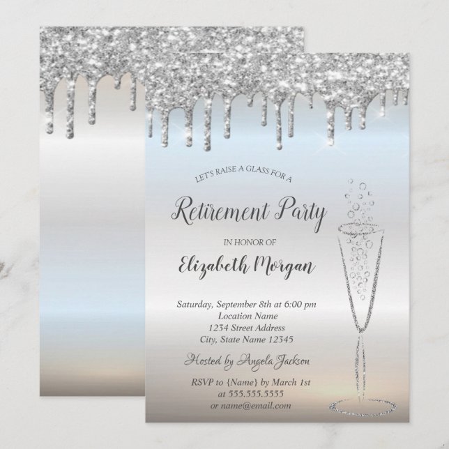 Invitación Purpurina de plata de vidrio de vino Bokeh Drogas  (Anverso / Reverso)