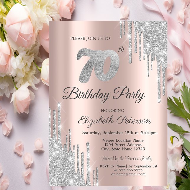 Invitación Purpurina de Plata degrada al Rosa Oro 70 cumpleañ (Subido por el creador)