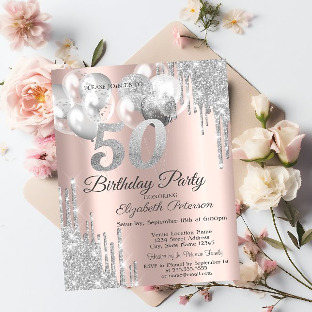 Invitación Purpurina de Plata delata globos Fiesta de cumplea (Subido por el creador)
