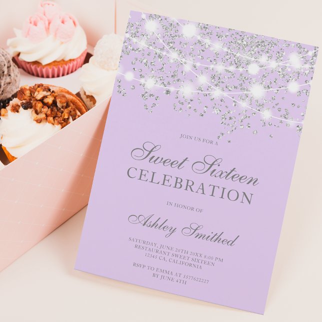 Invitación Purpurina de plata destella dulce lavanda dieciséi (Subido por el creador)