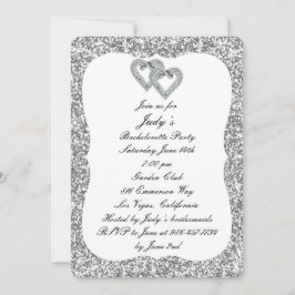 Invitación Purpurina de plata Diamante Corazones Bachelorette