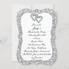 Invitación Purpurina de plata Diamante Corazones Bachelorette