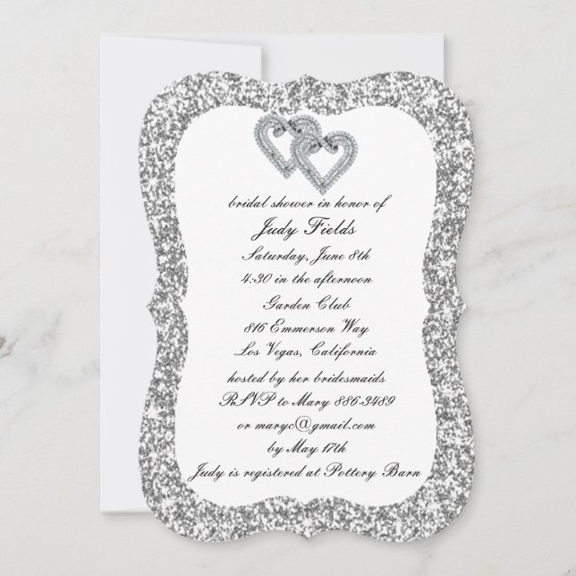 Invitación Purpurina de plata Diamond Hearts Bridal Shower In (Anverso)