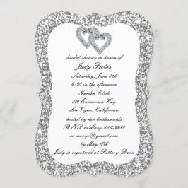 Invitación Purpurina de plata Diamond Hearts Bridal Shower In