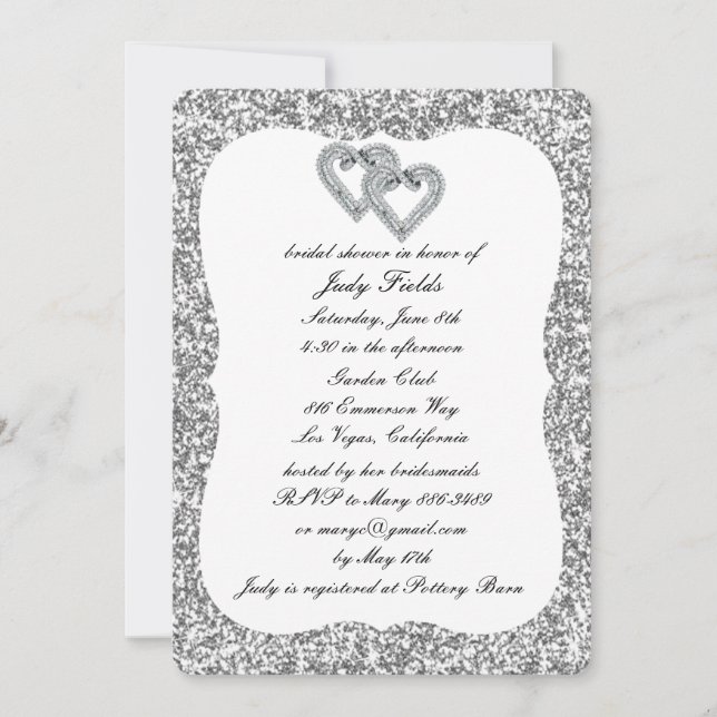 Invitación Purpurina de plata Diamond Hearts Bridal Shower In (Anverso)