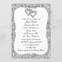 Invitación Purpurina de plata Diamond Hearts Bridal Shower In