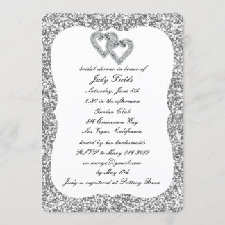 Invitación Purpurina de plata Diamond Hearts Bridal Shower In