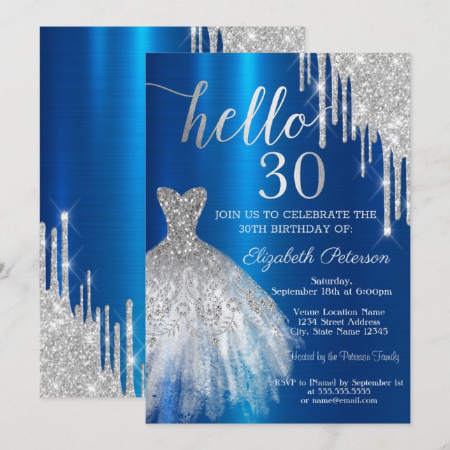 Invitación Purpurina de plata Dress Blue Metallic 30 (Anverso / Reverso)