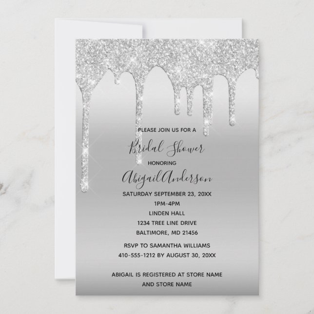 Invitación Purpurina de plata Drip Bridal Shower Glam Trendy (Anverso)