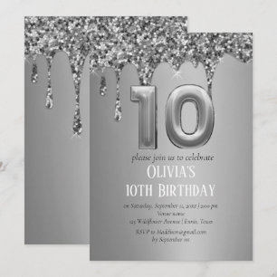 Invitación Purpurina de Plata Drip Chica Girly 10 cumpleaños