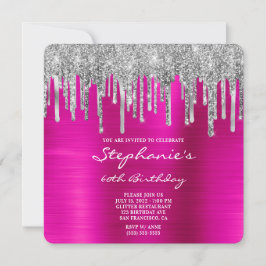 Invitación Purpurina de plata Drip Fuchsia Relieve metalizado