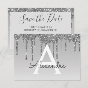 Invitación Purpurina de plata dulce 16 salva la fecha