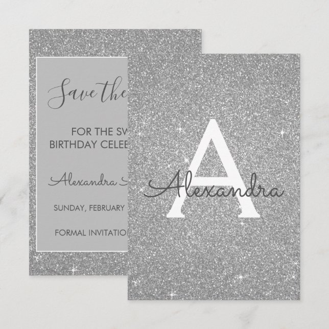 Invitación Purpurina de plata dulce 16 salva la fecha (Anverso / Reverso)