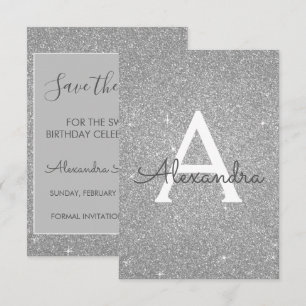 Invitación Purpurina de plata dulce 16 salva la fecha