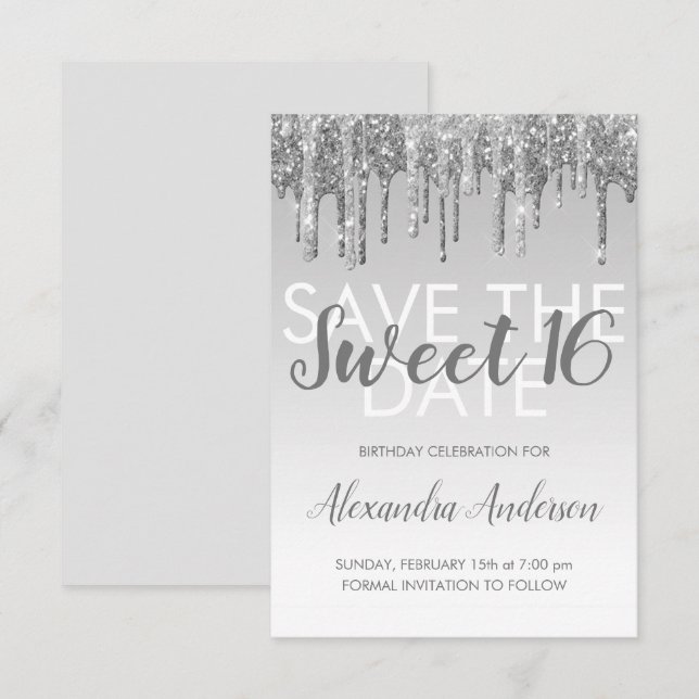 Invitación Purpurina de plata dulce 16 salva la fecha (Anverso / Reverso)