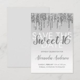 Invitación Purpurina de plata dulce 16 salva la fecha