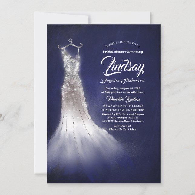 Invitación Purpurina de plata elegante vestido ducha de novia (Anverso)