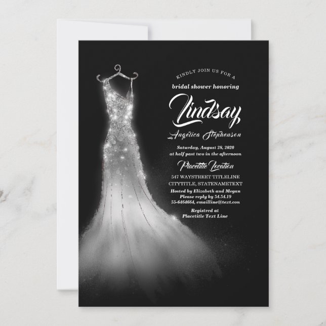 Invitación Purpurina de plata elegante vestido ducha de novia (Anverso)