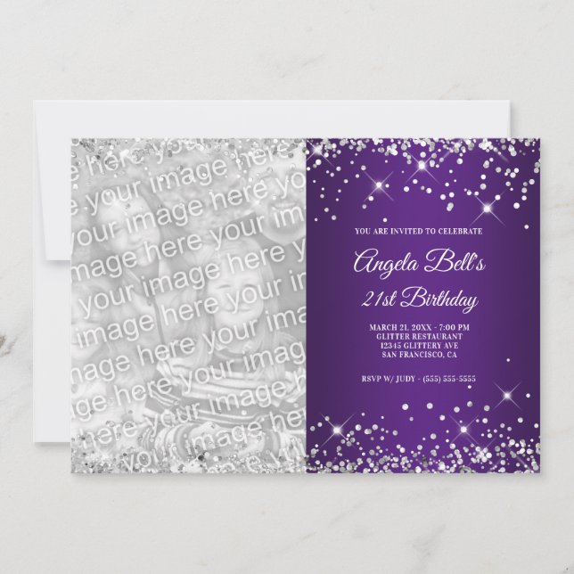 Invitación Purpurina de plata espárrago Royal Purple Photo Bi (Anverso)