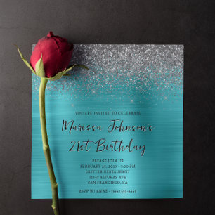 Invitación Purpurina de plata espumosa Aqua Blue 21º cumpleañ