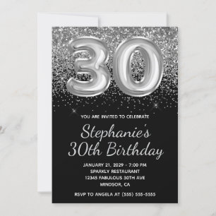 Invitación Purpurina de plata espumosa Globo negro 30 cumplea