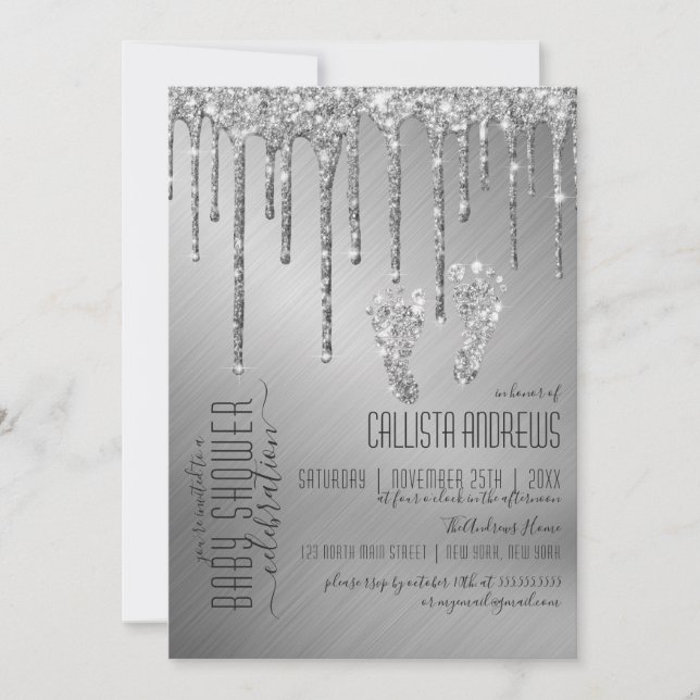 Invitación Purpurina de plata espumosa gotea en Baby Shower (Anverso)