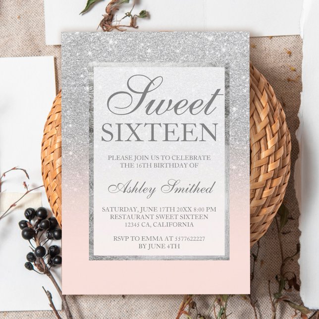 Invitación Purpurina de plata falsa moda rosa elegante dulce  (Subido por el creador)