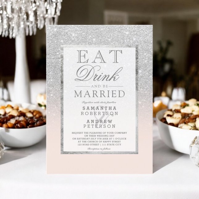 Invitación Purpurina de plata falsa rosa rosado comerse bebid (Faux silver glitter blush pink eat drink wedding invitation)