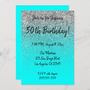 Invitación Purpurina de Plata Faux Aqua Ombre Cumpleaños 50