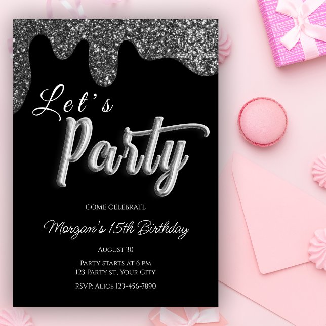 Invitación Purpurina de Plata Fiesta de Cumpleaños de Girona  (Subido por el creador)