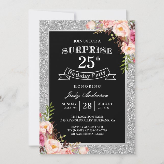 Invitación Purpurina de Plata Floral 25ª fiesta de cumpleaños (Anverso)