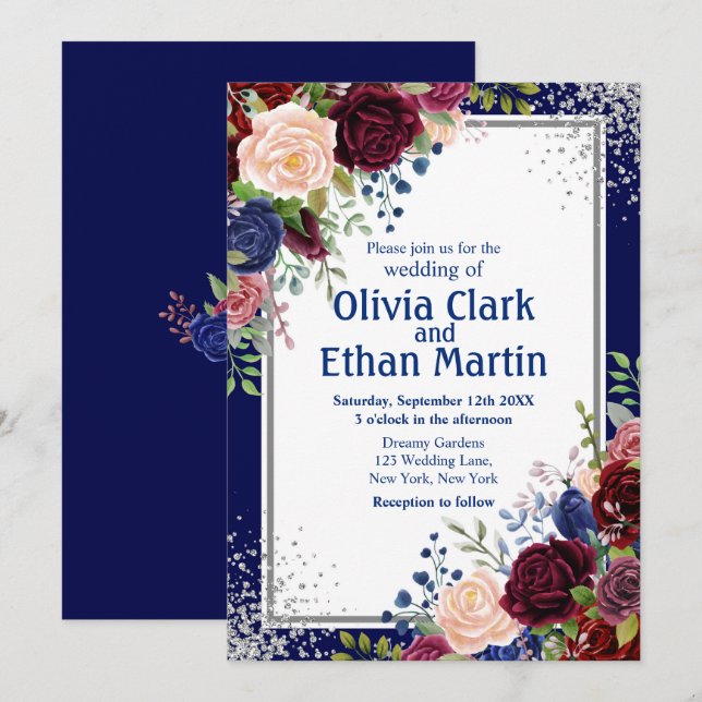 Invitación Purpurina de plata floral de la Marina de Borgoña (Anverso / Reverso)