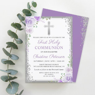 Invitación Purpurina de Plata Floral Púrpura Primera Santa Co