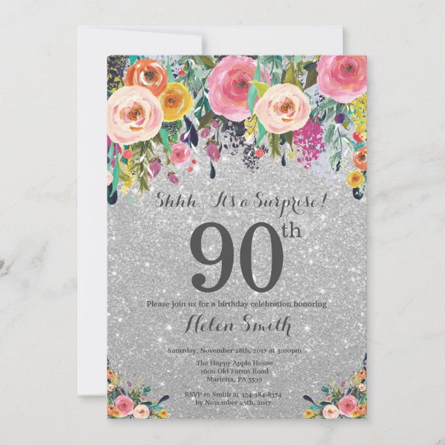 Invitación Purpurina de Plata Floral Sorpresa 90 cumpleaños (Anverso)