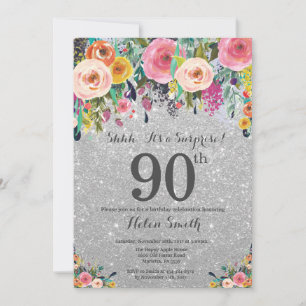 Invitación Purpurina de Plata Floral Sorpresa 90 cumpleaños