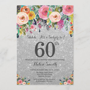 Invitación Purpurina de Plata Floral Surprise 60º cumpleaños