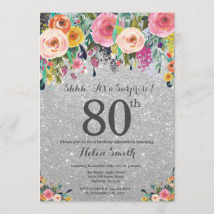 Invitación Purpurina de Plata Floral Surprise 80º cumpleaños