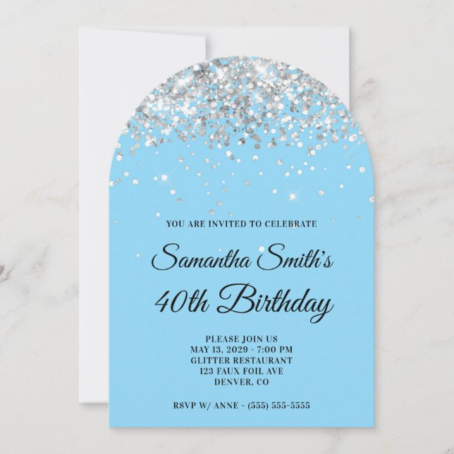 Invitación Purpurina de plata foto azul bebé 40 cumpleaños (Anverso)