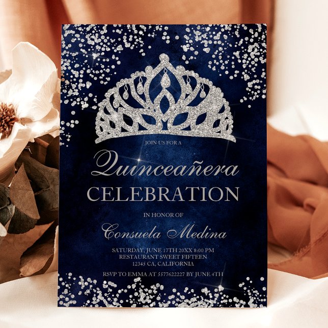 Invitación Purpurina de plata foto azul marino tiara Quinceañ (Silver glitter navy blue photo tiara Quinceañera Invitation)