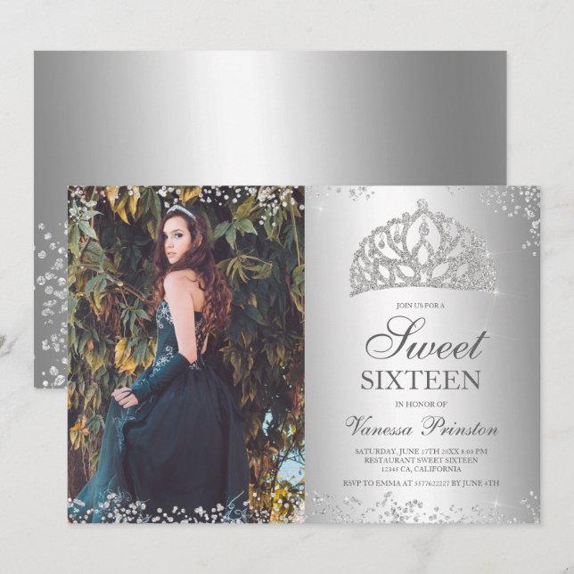 Invitación Purpurina de plata foto metálica tiara Sweet 16 (Anverso / Reverso)